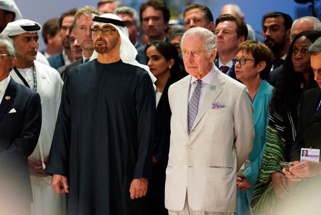 King Charles and Shiekh Mohammed bin Zayed Al Nahyan, President of the United Arab Emirates, on Thursday (Andrew Matthews/PA)