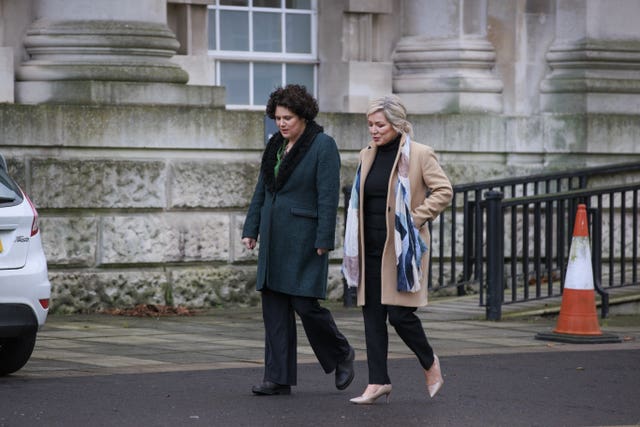 SDLP leader Claire Hanna and First Minister Michelle O’Neill arriving at Belfast High Court