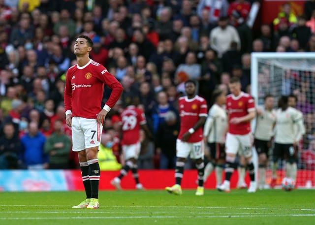 Manchester United’s Cristiano Ronaldo reacts after United fell 2-0 behind during their 5-0 defeat to Liverpool in October 2021