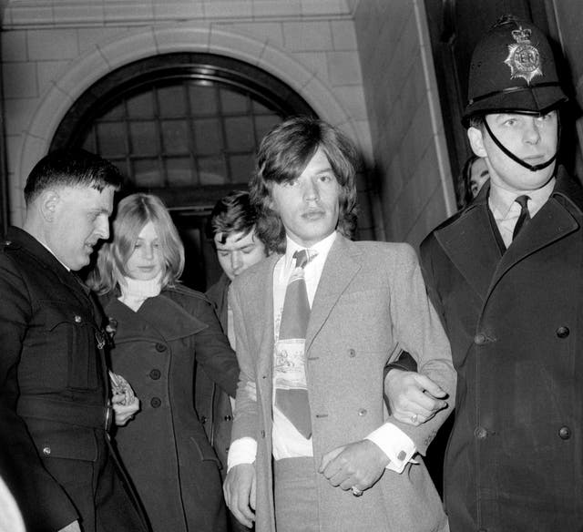 Mick Jagger and Marianne Faithfull after the conclusion of the case at Marlborough Street Court, in which they had pleaded not guilty to possessing cannabis resin