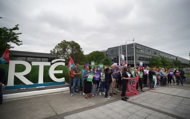 Members of staff from RTE take part in a protest at the broadcaster’s headquarters in Donnybrook