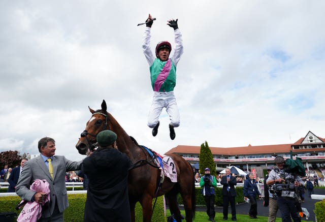 Frankie Dettori jumps for joy from Arrest at Chester