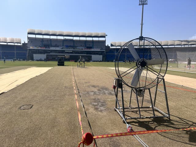 Industrial fans on the pitch at the Multan Cricket Stadium 