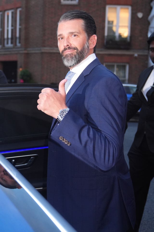 Donald Trump Jr leaves the fundraiser for his father hosted by former Neighbours star Holly Valance, in London