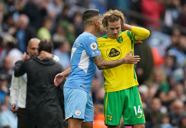 Todd Cantwell shows his disappointment after Norwich's 5-0 defeat at Manchester City