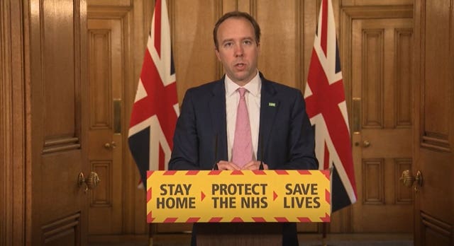 Health Secretary Matt Hancock during a media briefing in Downing Street (PA Video/PA)