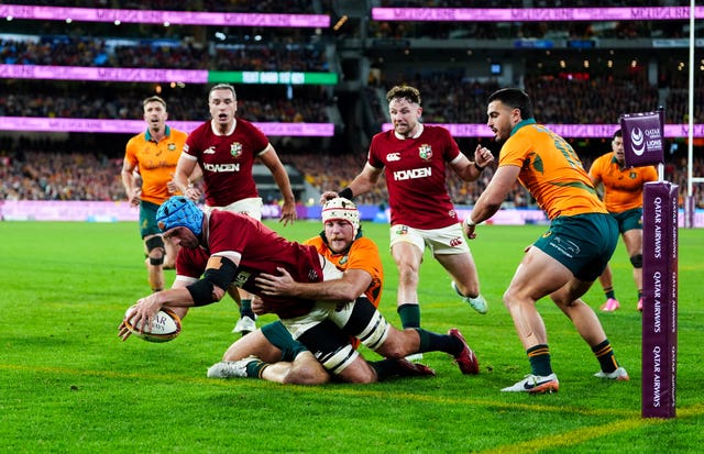 Tadhg Beirne of the British and Irish Lions scores a try