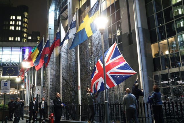 The Union flag being taken down outside the European Parliament in Brussels