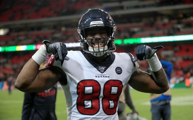 Houston Texans Jordan Akins celebrates after the win at Wembley