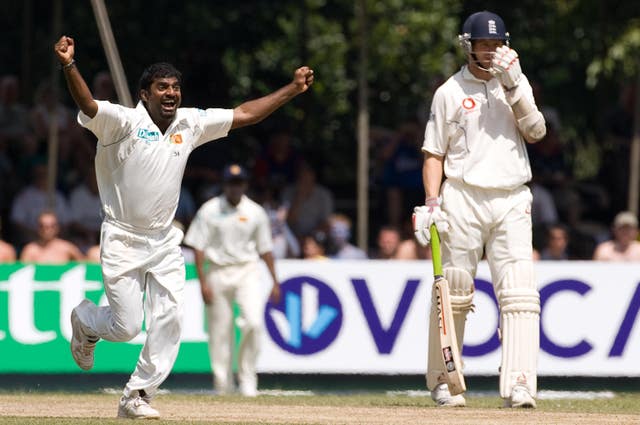 Muttiah Muralitharan celebrates a wicket at Asgiriya International Stadium, Kandy