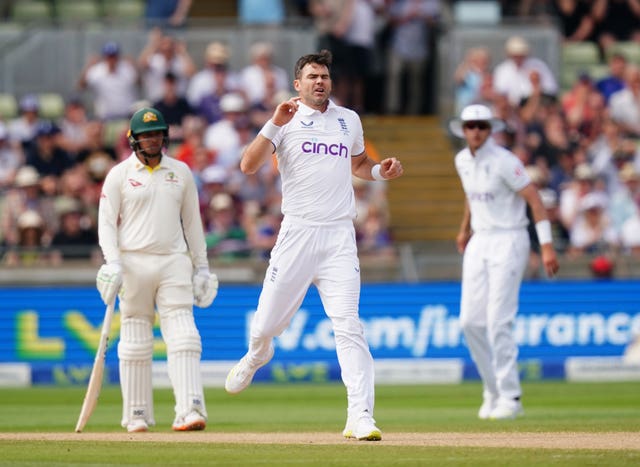 James Anderson reacts after seeing a chance put down by wicketkeeper Jonny Bairstow