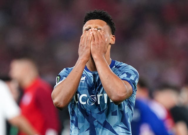 Ollie Watkins shows his dejection after Aston Villa''s European adventure came to an end