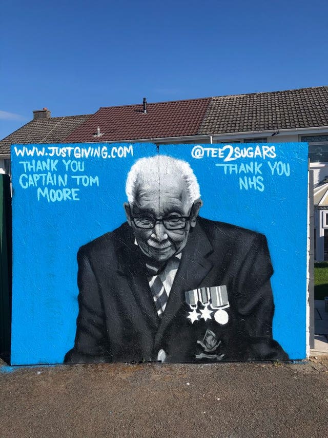 A mural of Captain Tom Moore in Merthyr Tydfil, South Wales, by graffiti artist Tee2Sugars