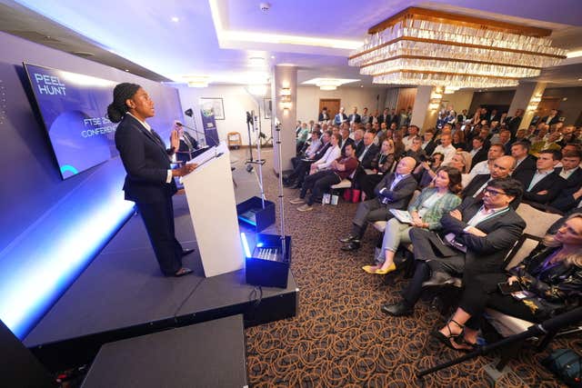 Conservative Party leader Kemi Badenoch speaking during the Peel Hunt FTSE 250+ conference at the Montcalm Royal London House Hotel in London