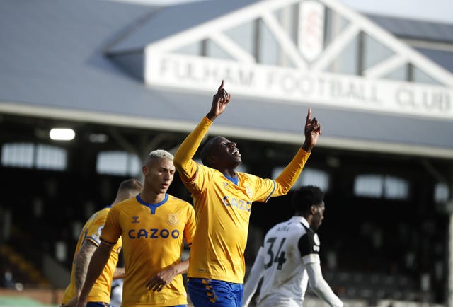 Abdoulaye Doucoure, centre, celebrates his first Everton goal