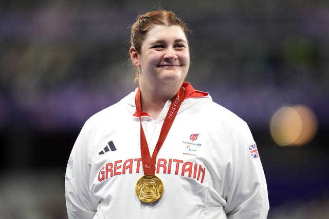 Great Britain’s Sabrina Fortune wearing her gold medal