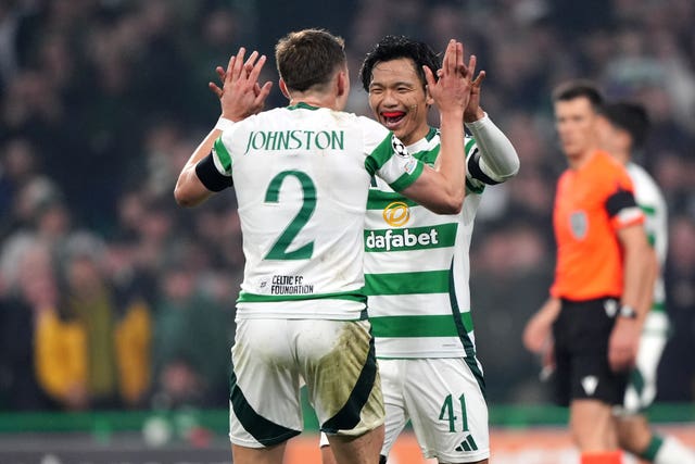 Celtic’s Reo Hatate celebrates scoring the third goal against Leipzig