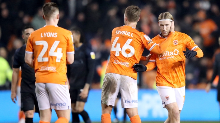 Josh Bowler, right, celebrates his late equaliser for Blackpool (Isaac Parkin/PA)