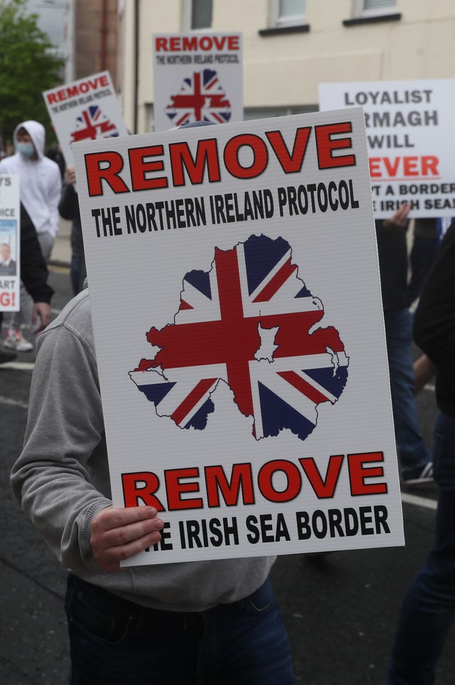 Loyalists take part in an anti-Northern Ireland Protocol rally in Portadown, Co Armagh, on Saturday 