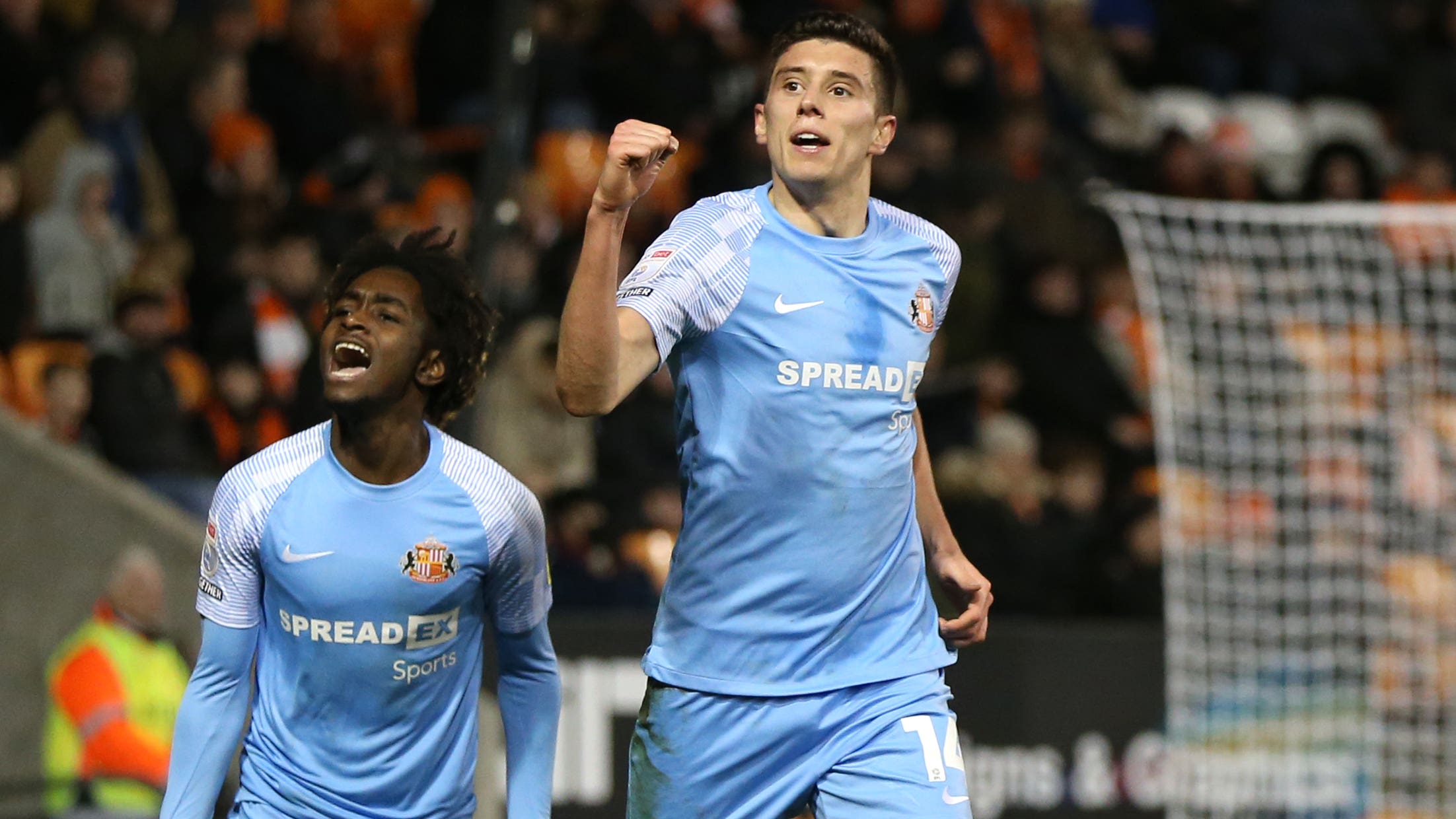 Ross Stewart celebrates scoring Sunderland’s equaliser at Blackpool (Barrington Coombs/PA)