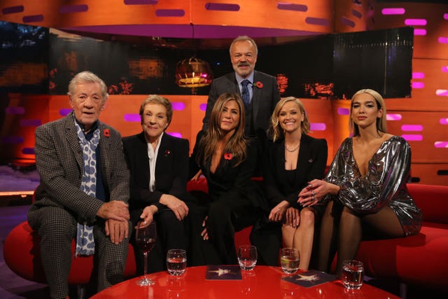 Host Graham Norton with (seated left to right) Sir Ian McKellen, Dame Julie Andrews, Jennifer Aniston, Reese Witherspoon and Dua Lipa 