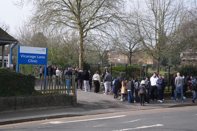 People waiting to be jabbed at the Vicarage Lane Clinic in Ashford on Friday morning