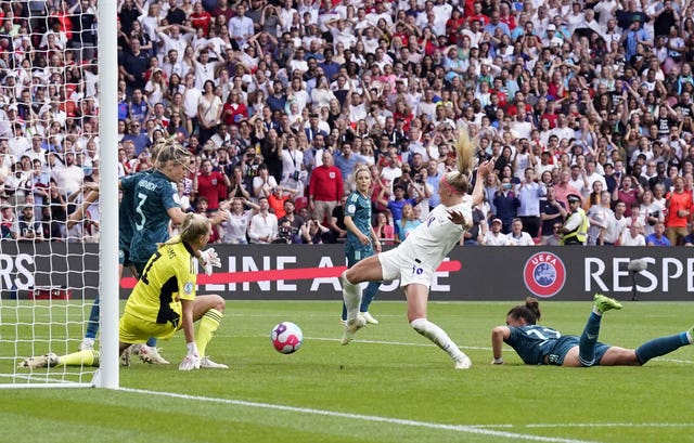 Chloe Kelly scores for England in the Euro 2022 final against Germany at Wembley