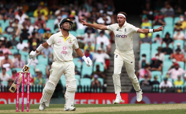 David Warner, left, was dismissed by Stuart Broad at Sydney (Jason O’Brien/PA)