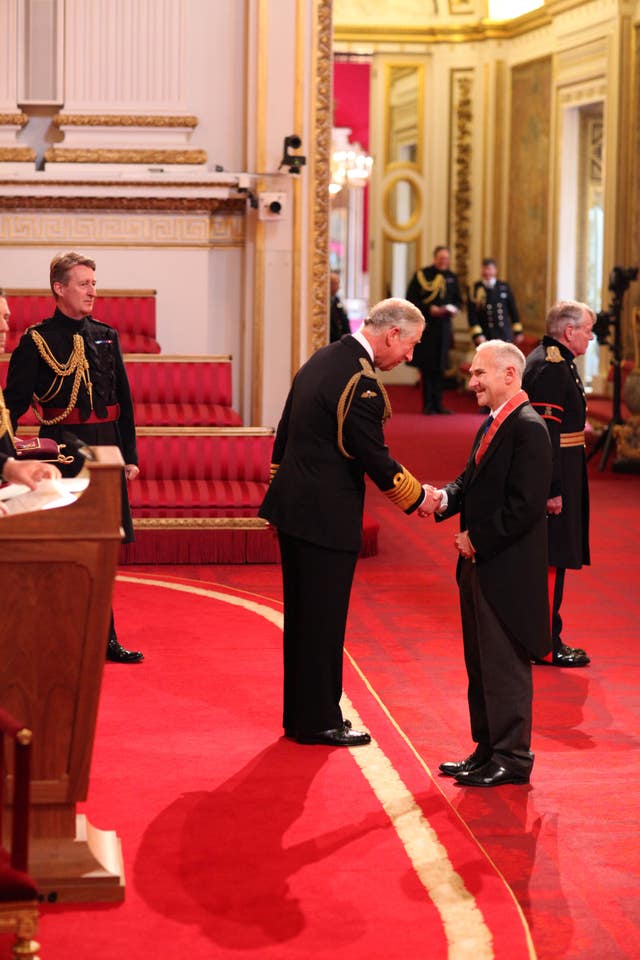 David Goldstone is awarded a CBE, for services to the financial administration of the London 2012 Olympic and Paralympic Games, by the Prince of Wales during an investiture ceremony at Buckingham Palace