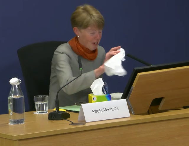 Paula Vennells grabbing a tissue mid-evidence