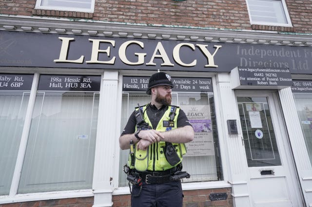 Police outside the Beckside branch of Legacy Independent Funeral Directors in Hull.  