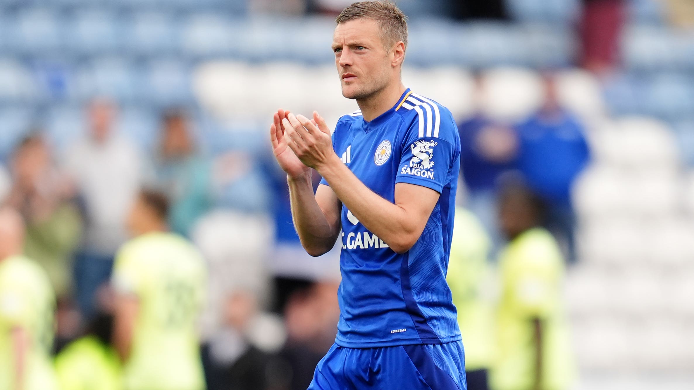 Jamie Vardy applauds the fans after the final whistle (Adam Davy/PA)