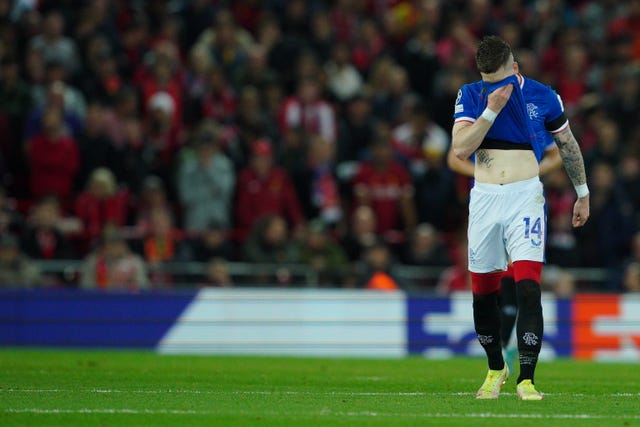 Rangers’ Ryan Kent looks dejected during defeat to Liverpool