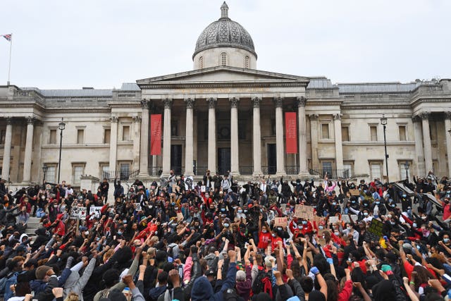 Protesters in London’s Trafalgar Square during a Black Lives Matter rally