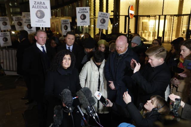 Farah Naz, Zara Aleena’s aunt, reads a statement outside the Old Bailey in London after Jordan McSweeney is sentenced to life