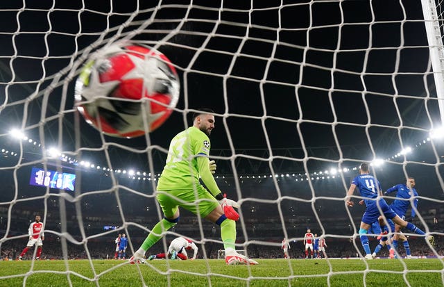 The ball nestles in the back of the net from Declan Rice's effort