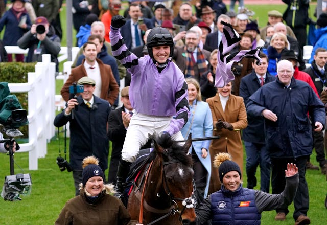 Stage Star and Harry Cobden after winning the Turners' Novices' Chase at Cheltenham 