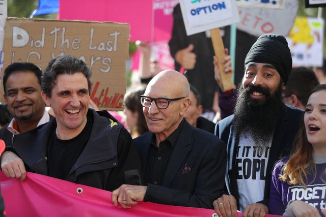 Sir Patrick Stewart (centre) and Stephen McGann (centre left) join protesters in an anti-Brexit, Let Us Be Heard march