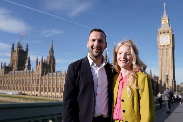Hannah Spencer poses for photos at Westminster Bridge, London, with Green Party leader Zack Polanski