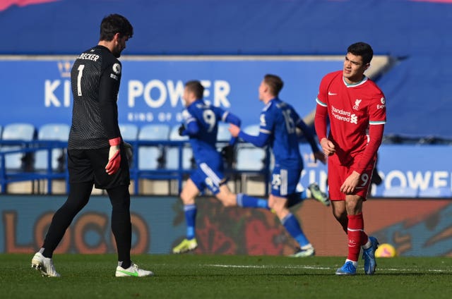 Kabak, right, and Alisson Becker were involved in a horrible mix-up at Leicester last weekend (Michael Regan/PA)
