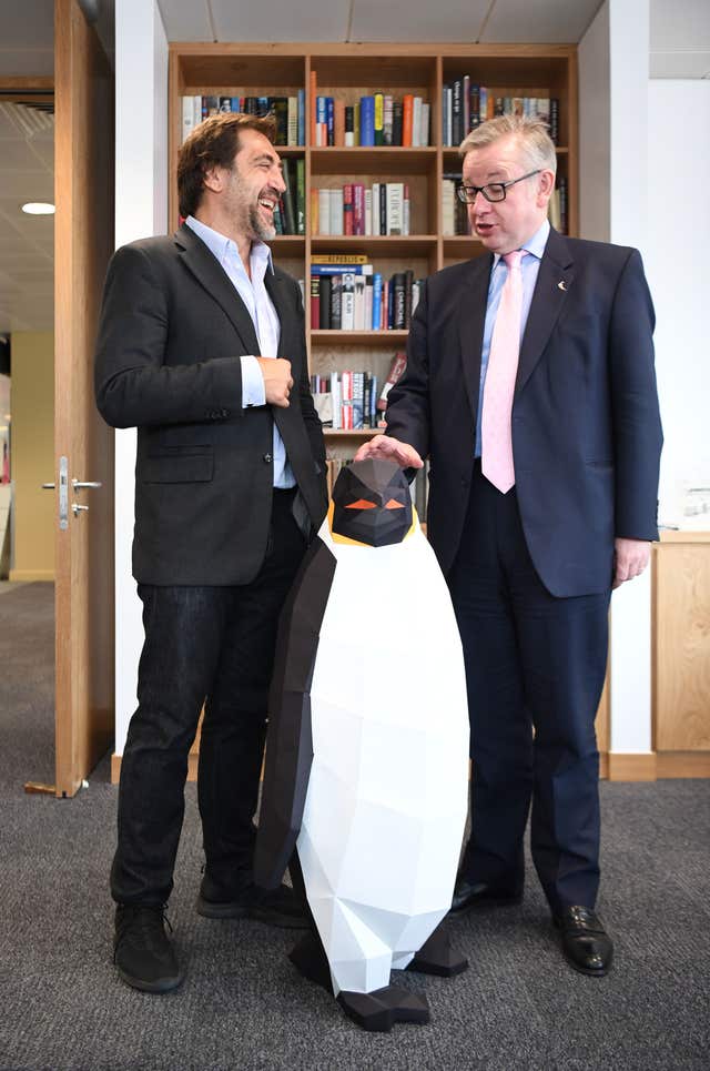 Actor Javier Bardem has met with Environment Secretary Michael Gove in Westminster, London, to discuss the Greenpeace Antarctic Ocean Sanctuary campaign (Victoria Jones/PA)