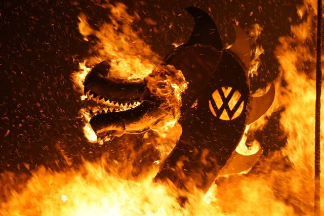 The galley consumed by flames during the Up Helly Aa fire festival