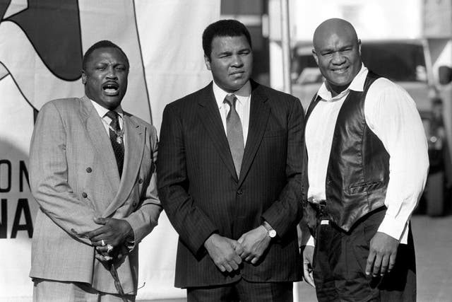 Former world heavyweight champions (left to right) Joe Frazier, Muhammad Ali and George Foreman, pictured in October 1989