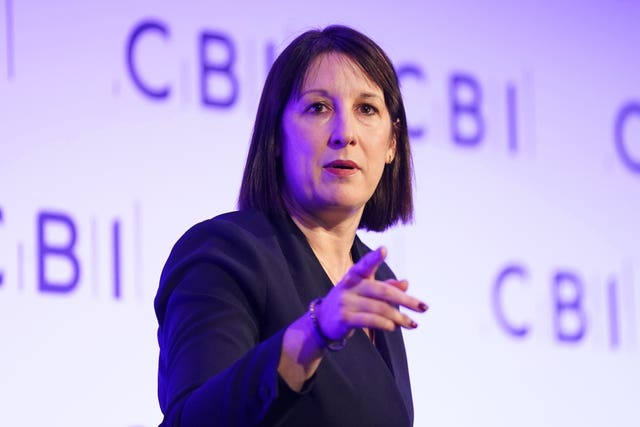 Rachel Reeves gestures while speaking at a CBI event