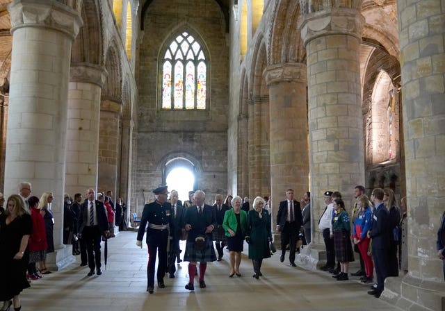 King Charles III and the Queen Consort visit Dunfermline Abbey, to mark its 950th anniversary, after attending a meeting at the City Chambers in Dunfermline, Fife, where the King formally marked the conferral of city status on the former town