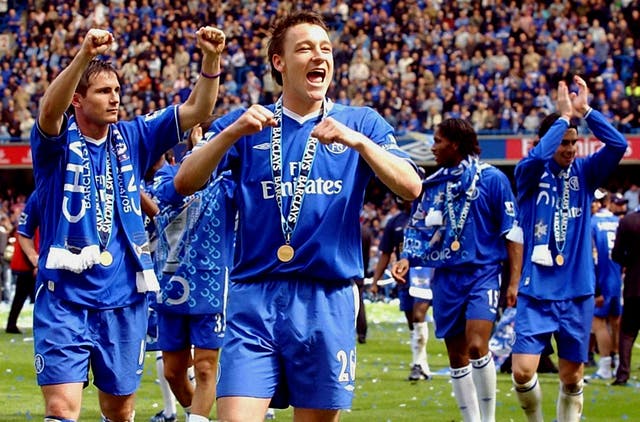 Frank Lampard, left, celebrates with his team-mates after winning the Premiership title for the first time in Mourinho's first season