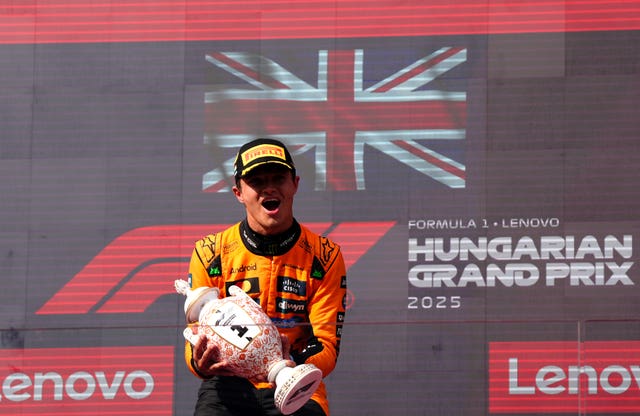 McLaren’s Lando Norris celebrates victory at the Hungarian Grand Prix