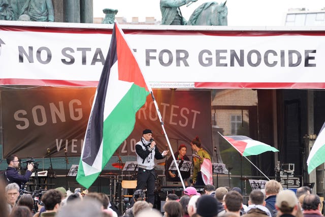 People take part in a No Stage For Genocide protest