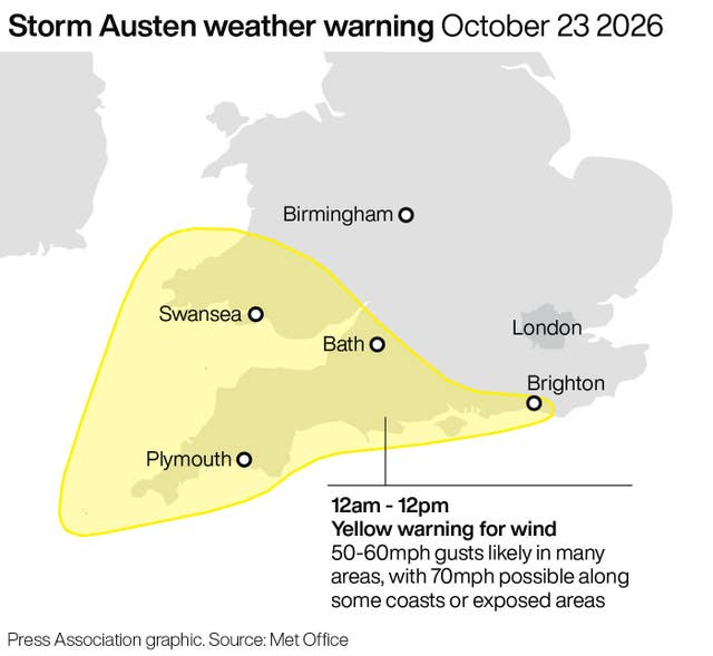 Map of the south of England and Wales highlighting all areas covered by the storm warning
