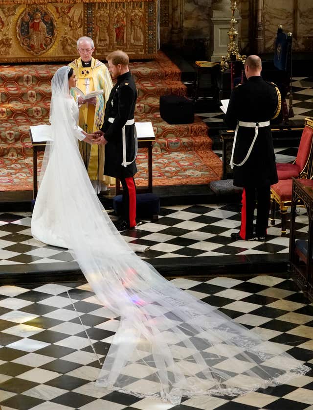 Prince Harry and Meghan Markle during their wedding ceremony (Owen Humphreys/PA)